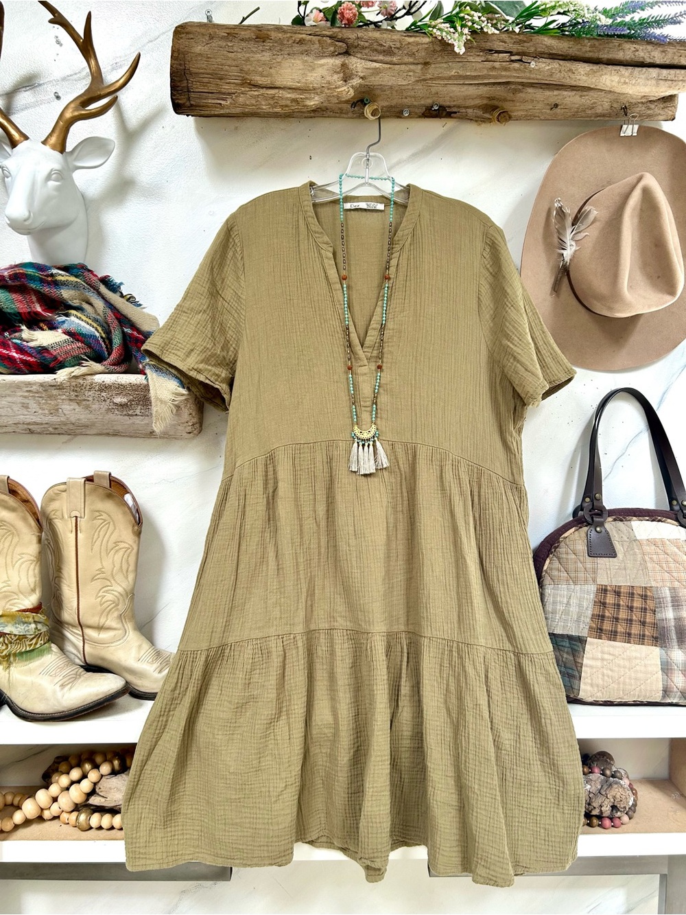 Olive peasant fall rustic Gauze Tiered boho Dress w cottagecore prairie vibe